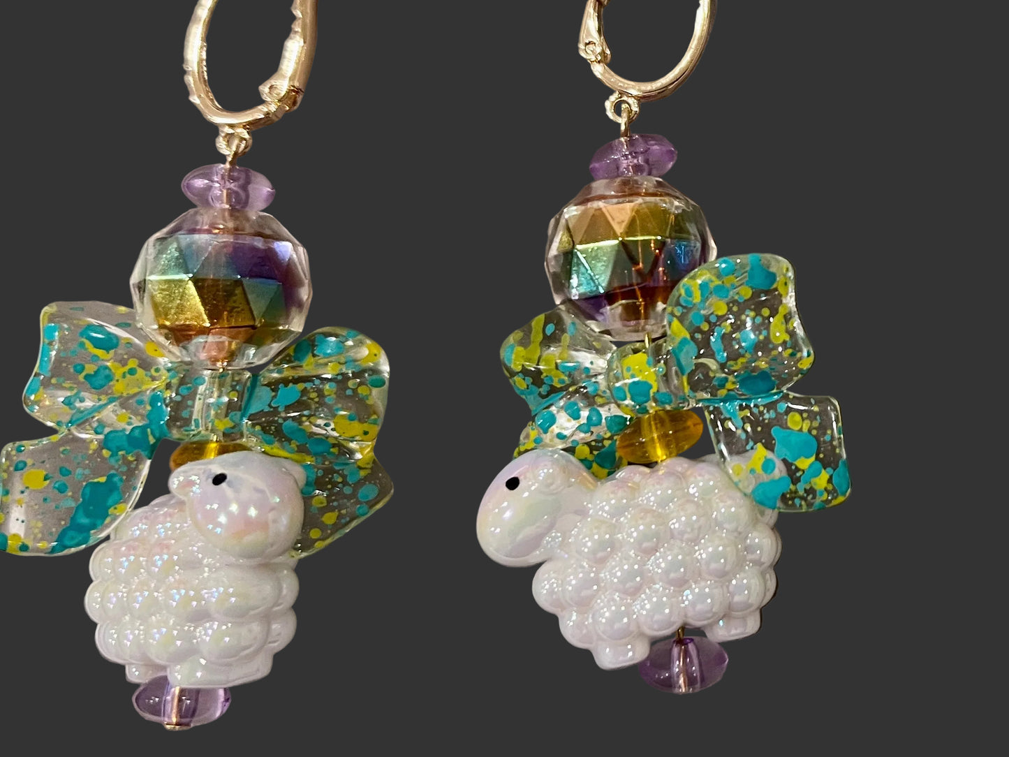 Sheep with Bow earrings on 18k gold plate lever hoop